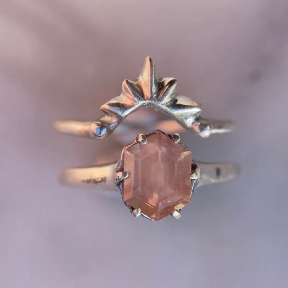 Iron Oxide Engagement Ring Silver and Pink Sunstone Stone Ring Set size 6